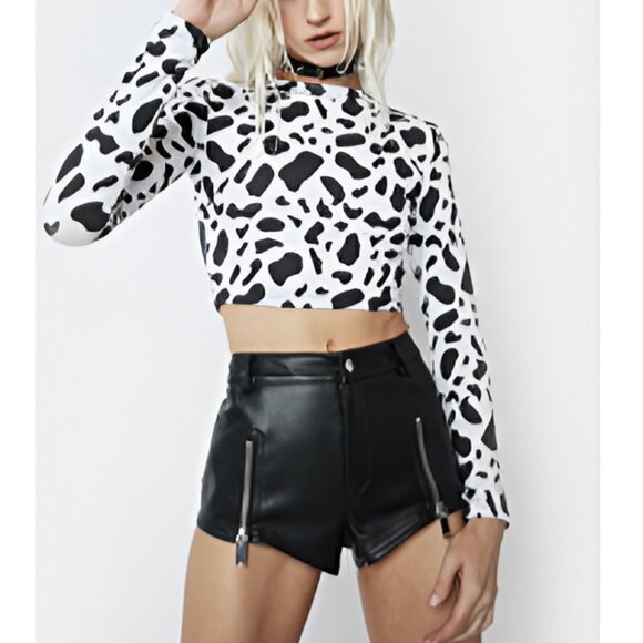 NWOT Cow Print, long sleeve crop top + Headband Dolls Kill Size Small - Picture 2 of 6